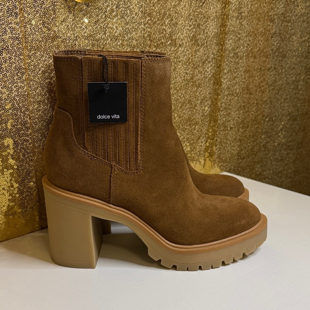 Dolce Vita Caster Block heel H2O Bootie in Camel Waterproof Suede